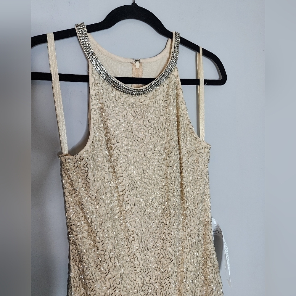 Mac Duggal BEADED SLEEVELESS HIGH NECK COLUMN GOWN size 10  Nude Silver - Picture 15 of 15